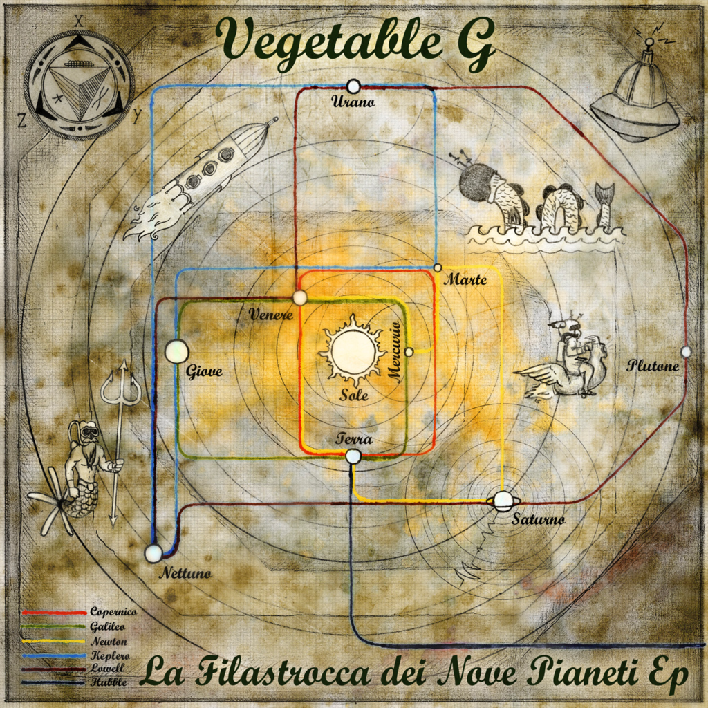 Cover per La filastrocca dei nove pianeti di Vegetable g. L'EP.che anticipa l'uscita dell'album. Pubblicato da Ala Bianca.