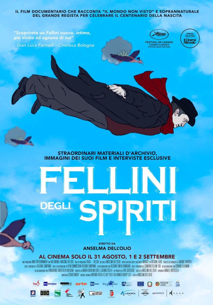 Locandina di Fellini degli spiriti, il documentario sul lato mistico di Fellini diretto da Anselma Dell'Olio, in anteprima internazionale a Bologna, e poi nelle sale. Musiche di Antonio Fresa, edite e prodotte da Ala Bianca.